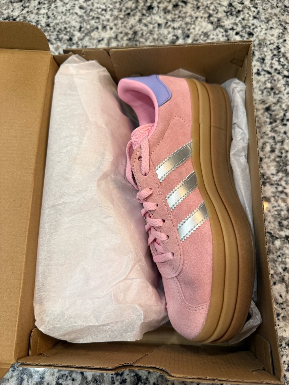 adidas Pink Suede Platform Sneakers with Silver Stripes and Lavender Heel